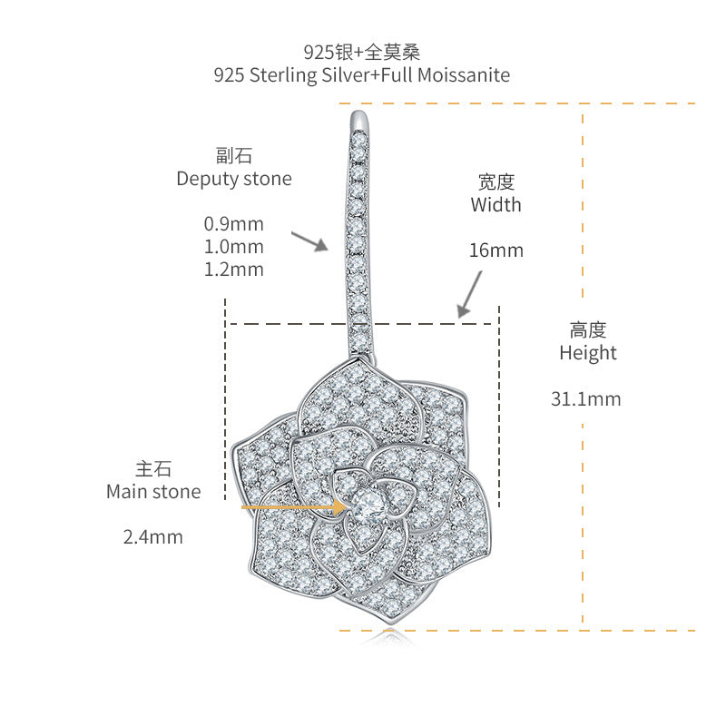 Luxury full diamond D color moissanite earrings S925 sterling silver gilt camellia ear hooks
