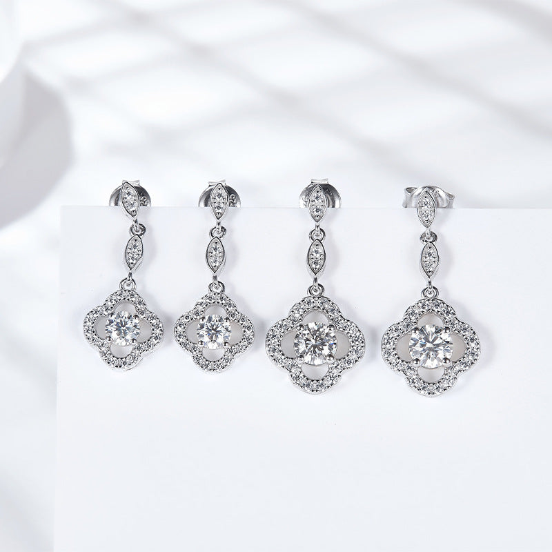 Lucky four-leaf clover with diamond ethnic style floral women's symmetrical sterling silver earrings moissanite diamond earrings
