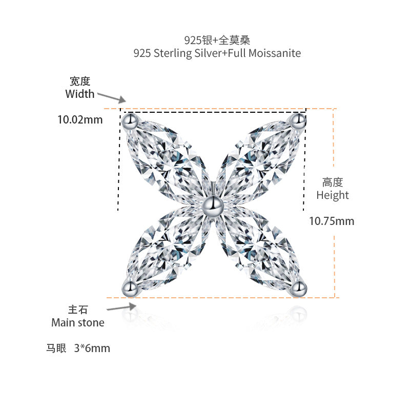 Four-leaf clover marquise 3*6mm moissanite stud earrings necklace sterling silver plated 18k gold set