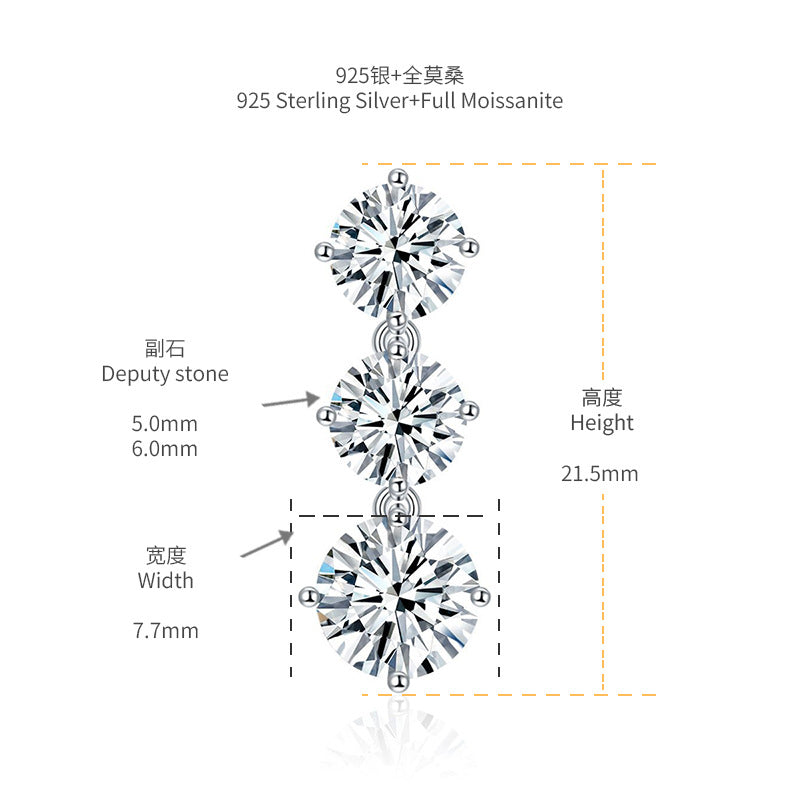 Simple ins style movable four-claw earrings 925 silver gold-plated with 6.0mm moissanite studs