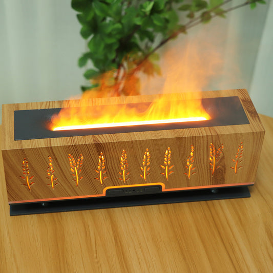 Wood Grain Hollow Wheat Ear Flame Humidifier 3D Flame Bedroom Home Office Atmosphere Night Light Aroma Diffuser