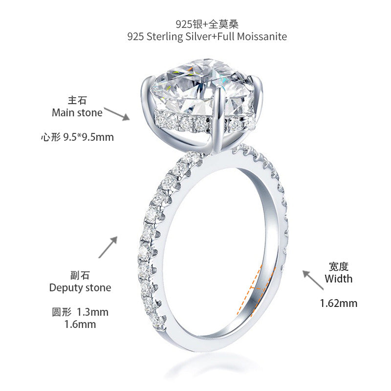 9.5mm heart shape 3.5ct moissanite S925 silver plated 18k white gold engagement ring women