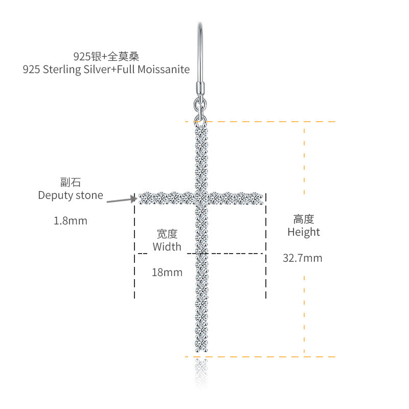 Oversized cross full diamond 1.8mm round moissanite ear hook S925 silver plated 18k gold earrings