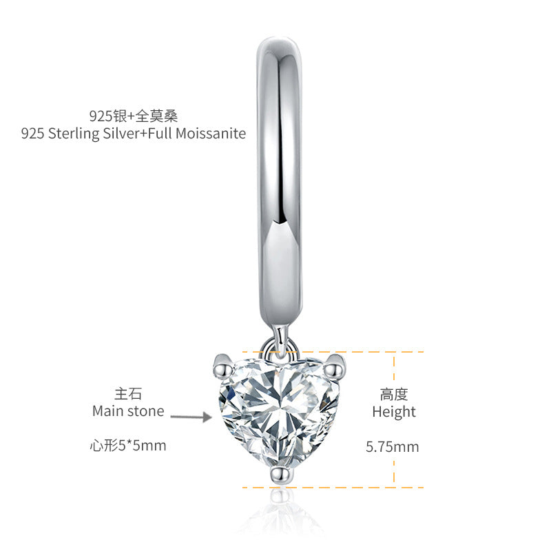 5.0mm heart-shaped full moissanite S925 silver plated 18k gold earrings will not fall