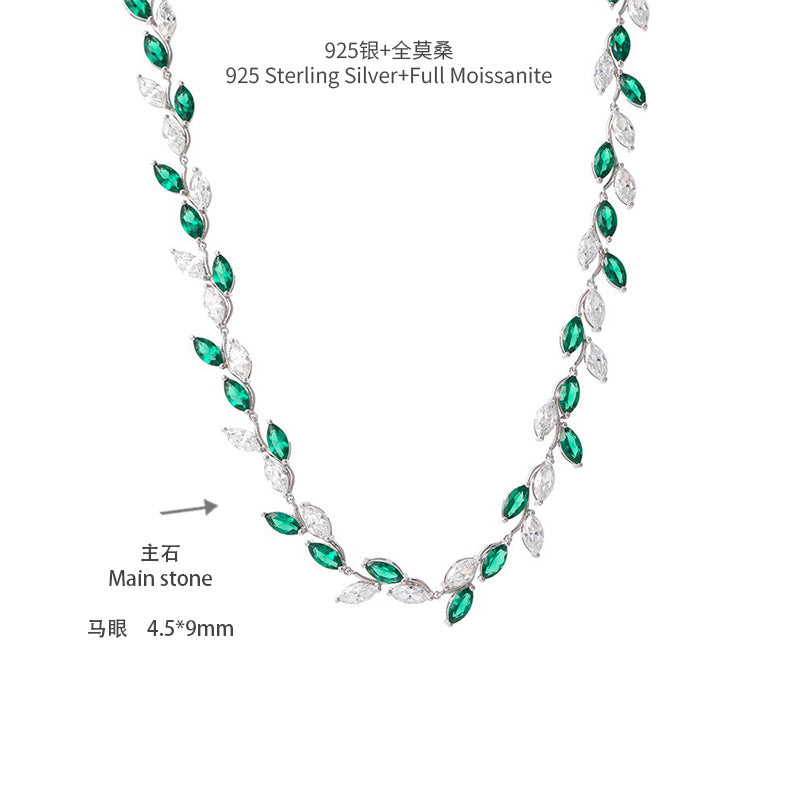 Big Set Chain Horse Eye 4.5*9mm Moissanite Leaves Full Diamond Imitation Emerald 925 Silver Necklace