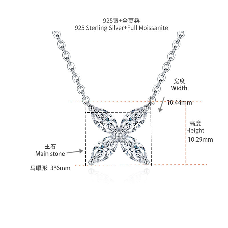 Four-leaf clover marquise 3*6mm moissanite stud earrings necklace sterling silver plated 18k gold set