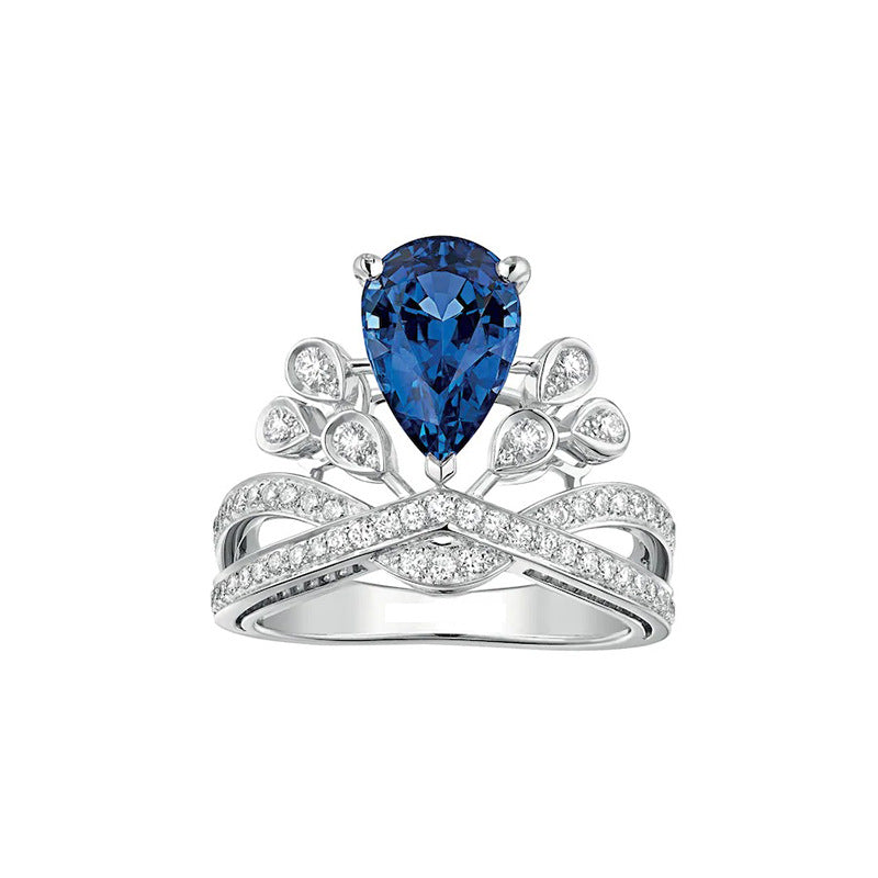 Coronation Egret Feather Drop Pear Moissanite Emerald Red Sapphire Crown Ring