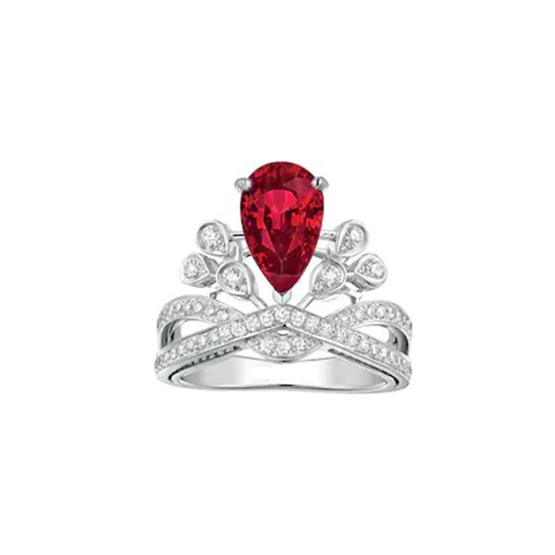Coronation Egret Feather Drop Pear Moissanite Emerald Red Sapphire Crown Ring