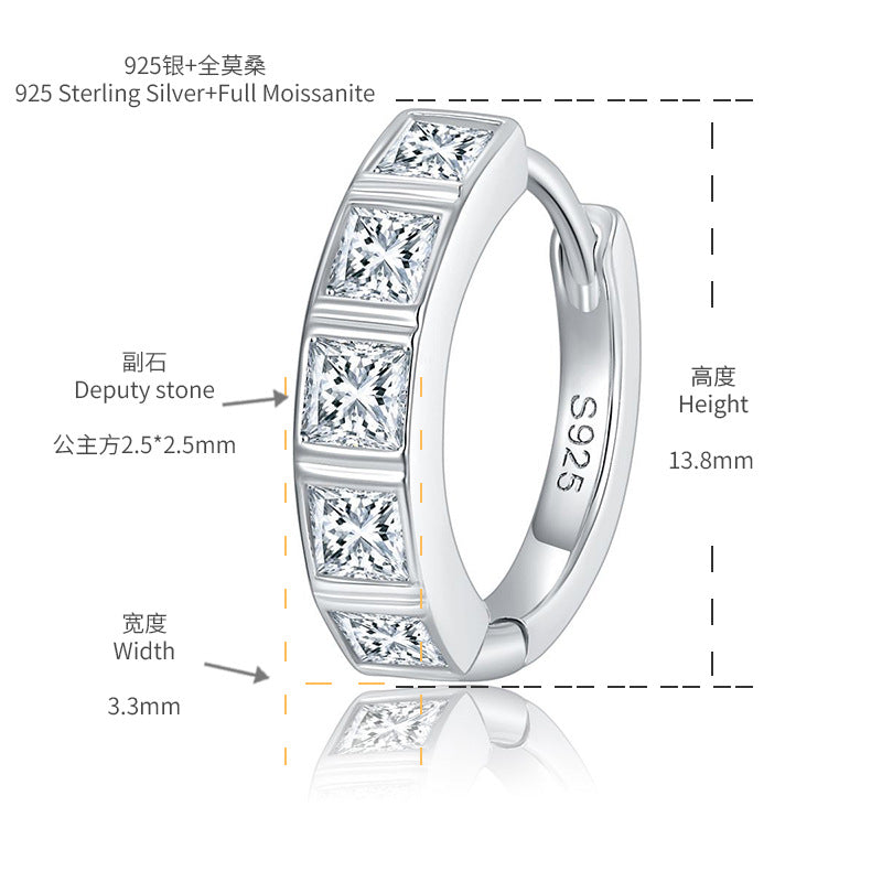 2.5mm princess square moissanite unisex S925 silver gold-plated couple earrings