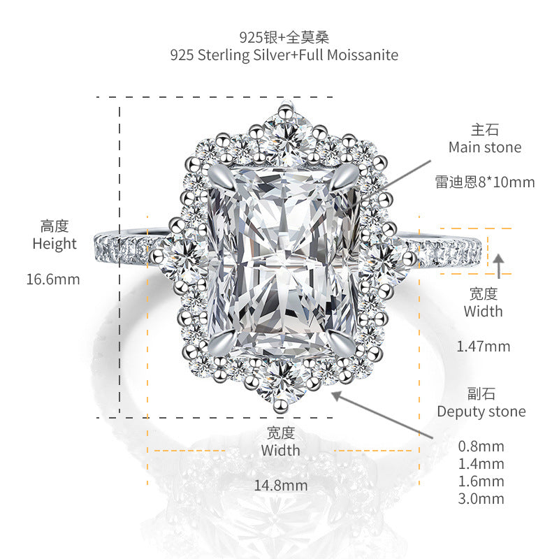 4 Carat 8*10 Radiant Cut 925 Silver Gold Plated Full Moissanite Ring