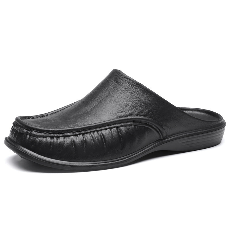 Men's leather bread toe sandals indoor and outdoor plus size slip-on semi-slippers light sandals