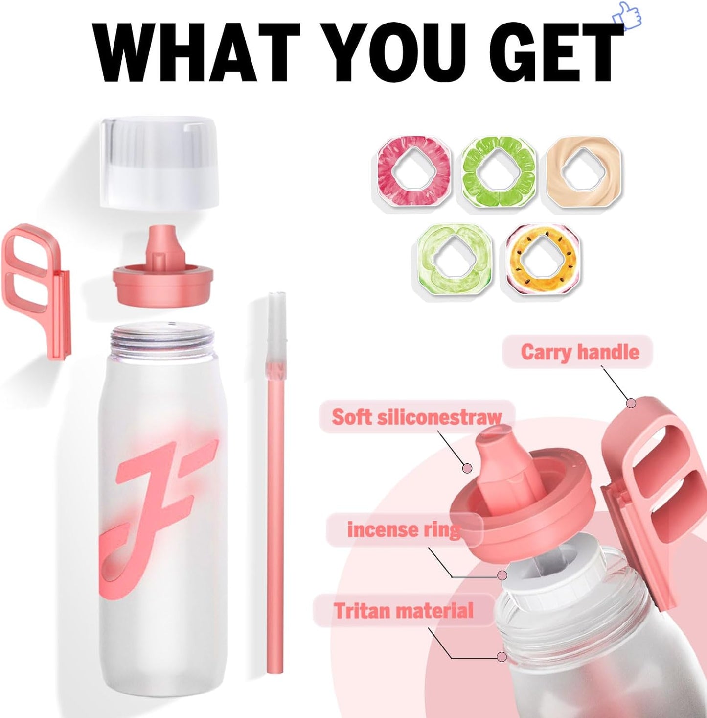 650ml Air Water Bottle Fruit Fragrance Air Starter Set Drinking Bottles with 5 Flavour Pods 0 Sugar, Leak-proof, BPA Free