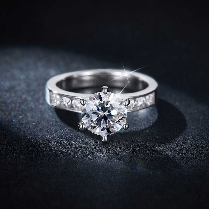 Simple Four Prongs 8.0mm Round 2ct Full Moissanite Silver Plated White Gold Ring