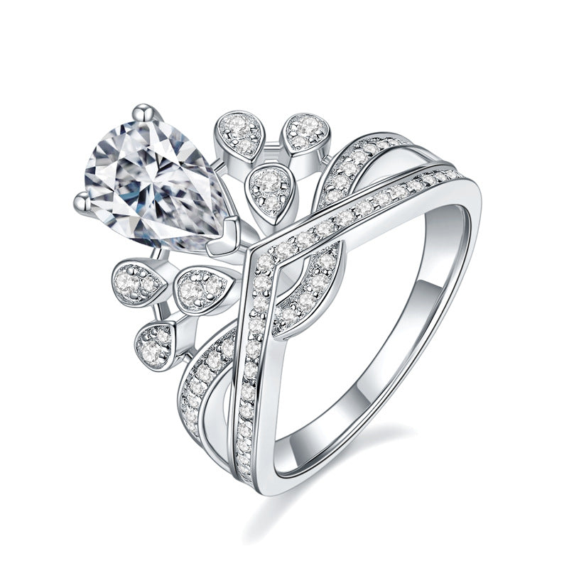 Coronation Egret Feather Drop Pear Moissanite Emerald Red Sapphire Crown Ring