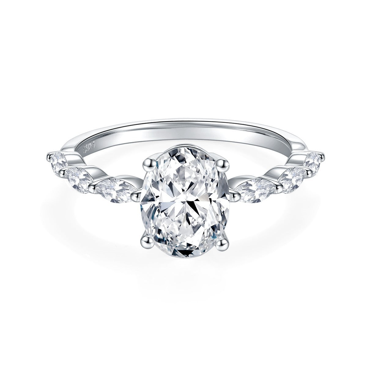Classic four-prong inlaid oval moissanite, marquise, olive-shaped shaped ring