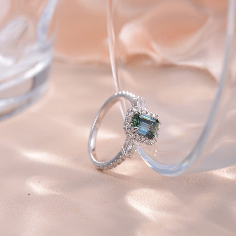 5*7mm emerald cut green moissanite over diamond pen silver plated 18k gold ladies full moissanite ring