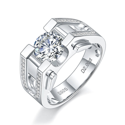 Male diamond ring 925 silver platinum plated 18K gold wedding ring simple one carat diamond ring