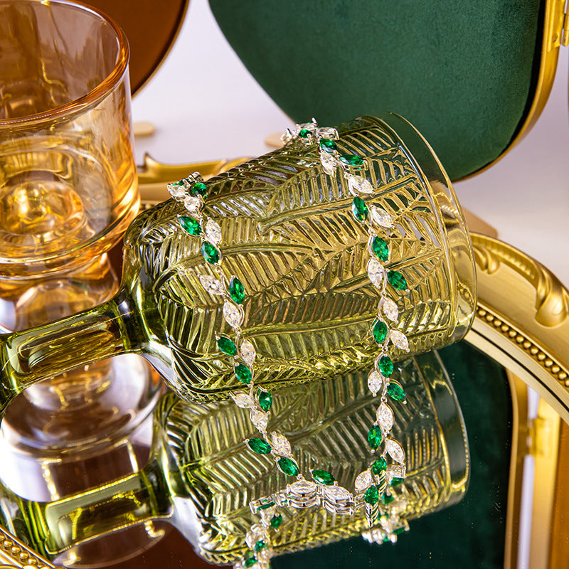 Big Set Chain Horse Eye 4.5*9mm Moissanite Leaves Full Diamond Imitation Emerald 925 Silver Necklace