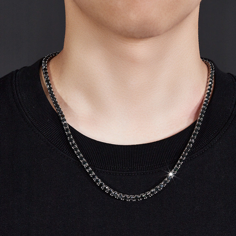 Hip Hop Style 6.5mm Tennis Chain 1 Carat Black Moissanite Silver Plated 18k White Gold Men's Necklace