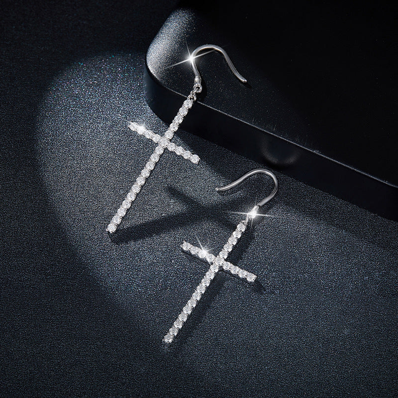 Oversized cross full diamond 1.8mm round moissanite ear hook S925 silver plated 18k gold earrings