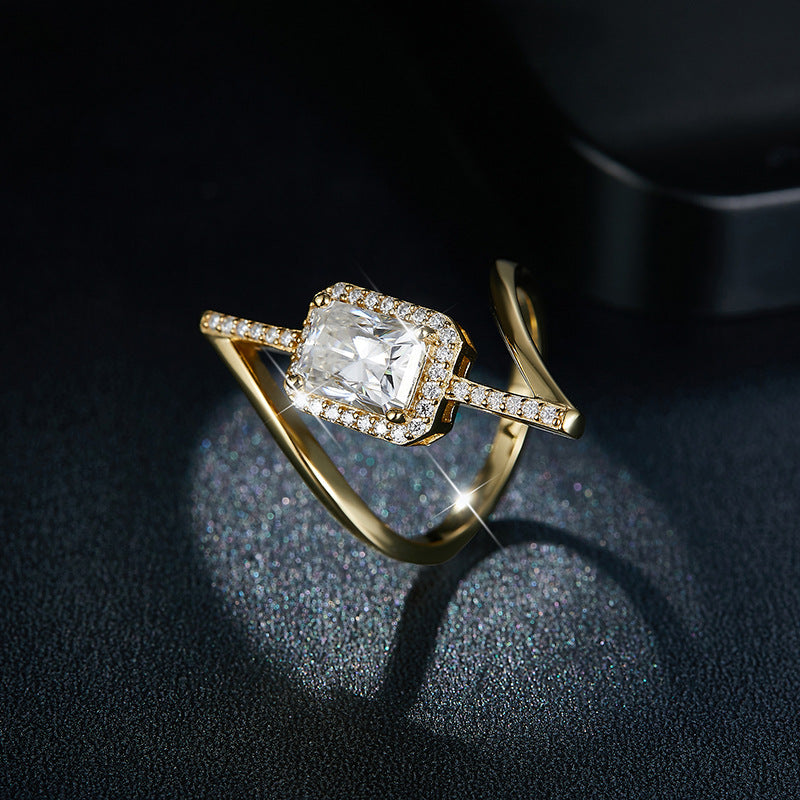 Niche Design 6*8mm radiant 2 Carat Moissanite Diamond Asymmetrical Fashion Women's Silver Gold Plated Ring