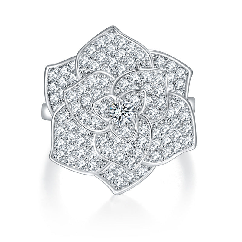 Niche fashion camellia ring full diamond D color VVS moissanite ladies S925 silver plated 18k gold ring