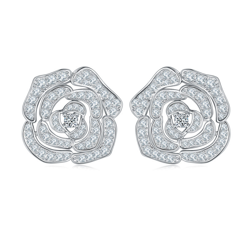 Earl Grey ins luxury full diamond D color moissanite earrings S925 sterling silver gold-plated camellia stud earrings