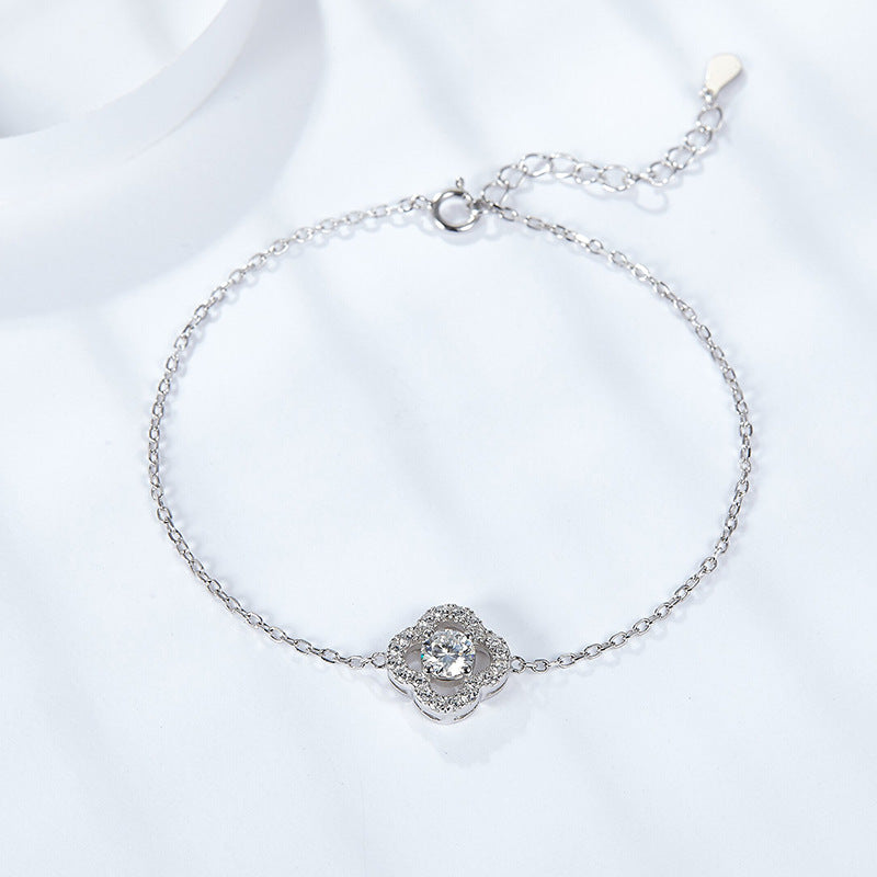 Lucky Clover Full Diamond Moissanite Women's Bracelet S925 Silver Plated 18k Gold Stacking