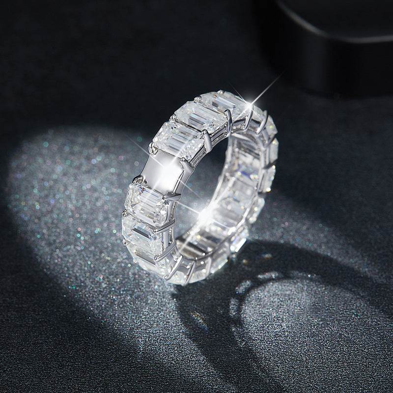 High jewelry 4*6mm emerald cut moissanite diamond row ring sterling silver plated 18k gold ring