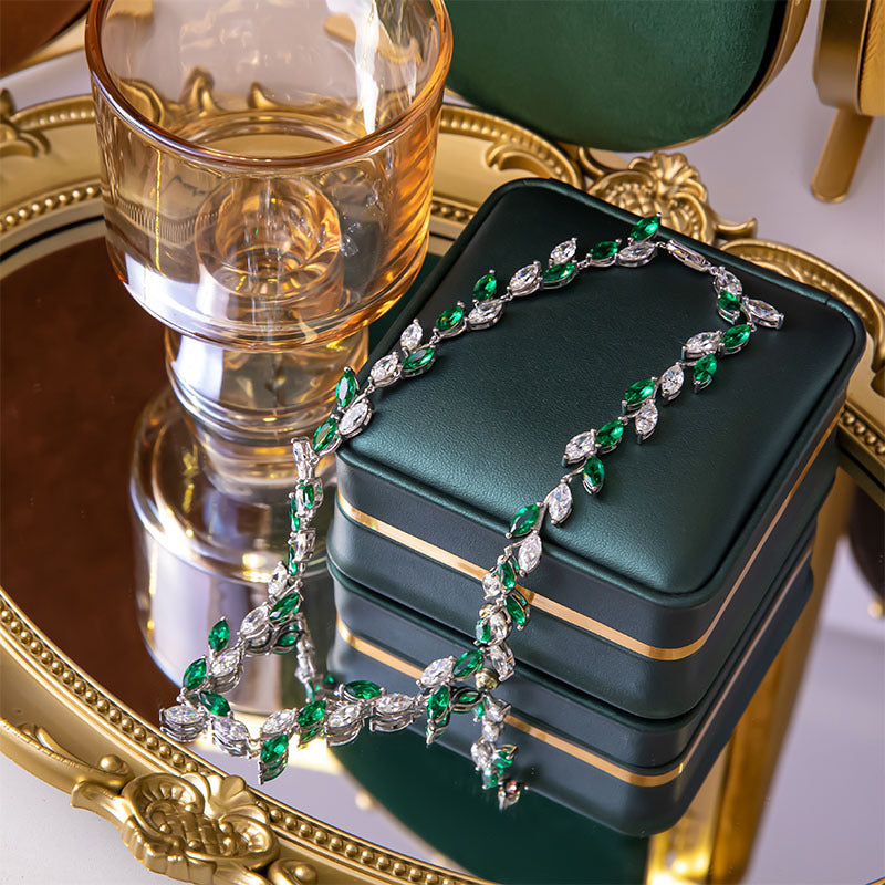 Big Set Chain Horse Eye 4.5*9mm Moissanite Leaves Full Diamond Imitation Emerald 925 Silver Necklace