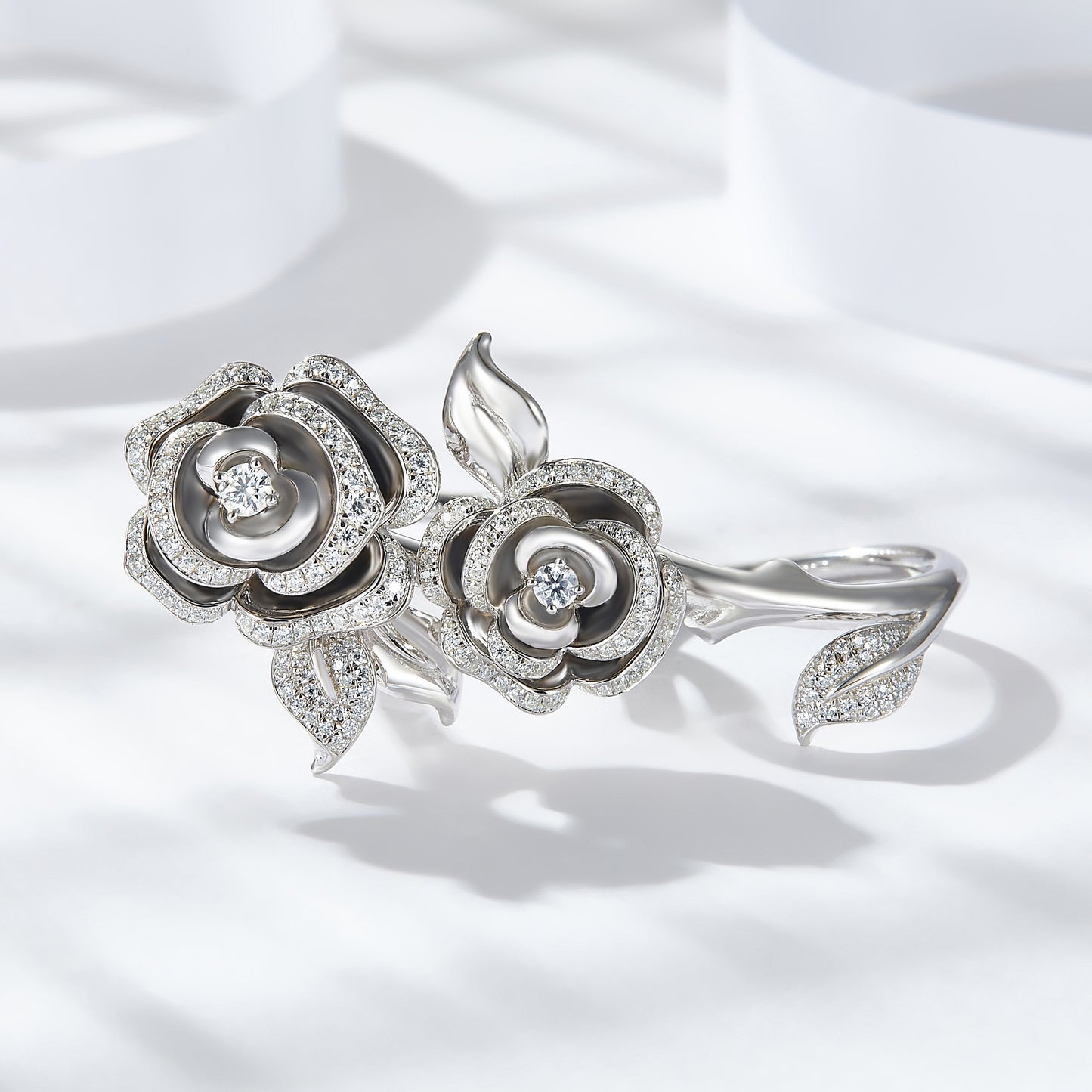 New Designs Vintage Camellia Two Finger Ring All Moissanite 925 Silver Gold Plated Open Ring