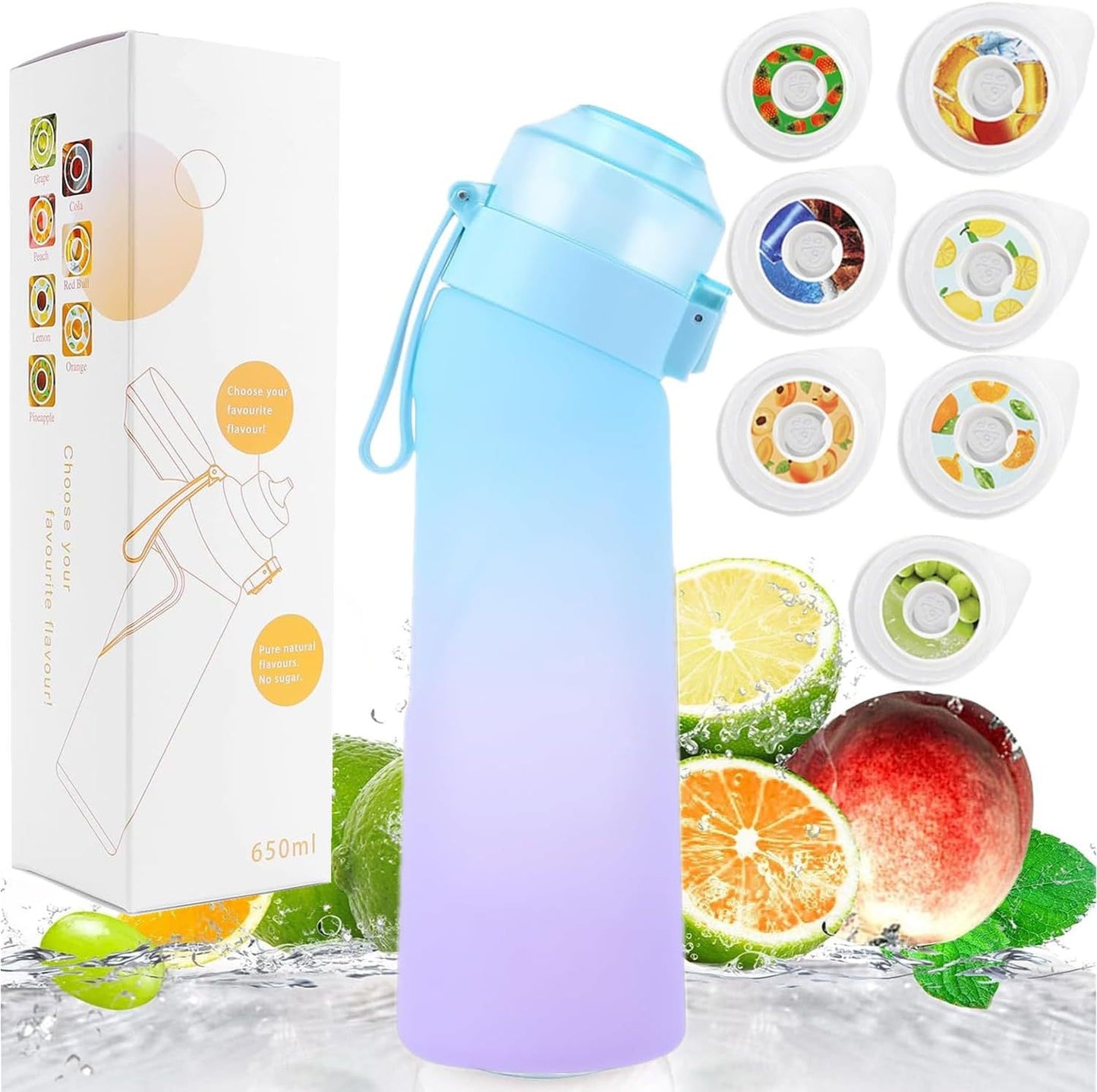 Gradient Color Water Bottle Flavour Pods Pack With 7 Flavour Pods 650ml Fruit Fragrance Scented Water Cup BPA Free 0% Sugar