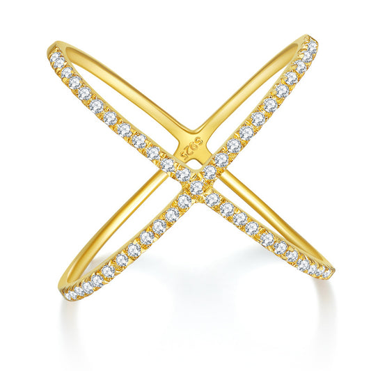 Niche design ins style cross X full diamond D color VVS moissanite ring for women silver plated 18k gold women's ring