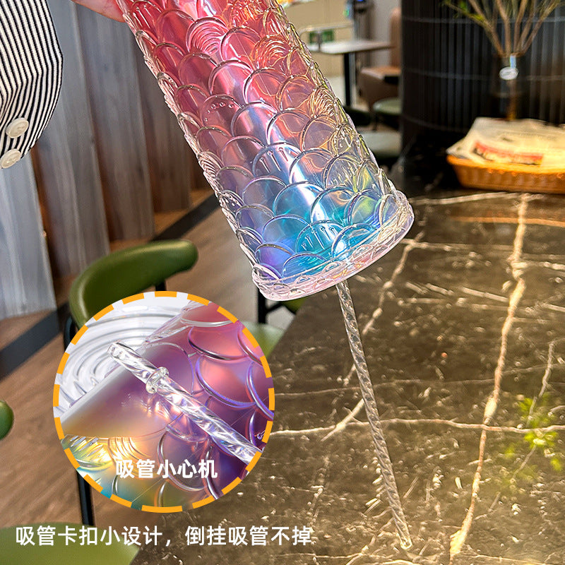 2023 preferred large-capacity, high-value, dazzling double-layer creative laser koi straw cup