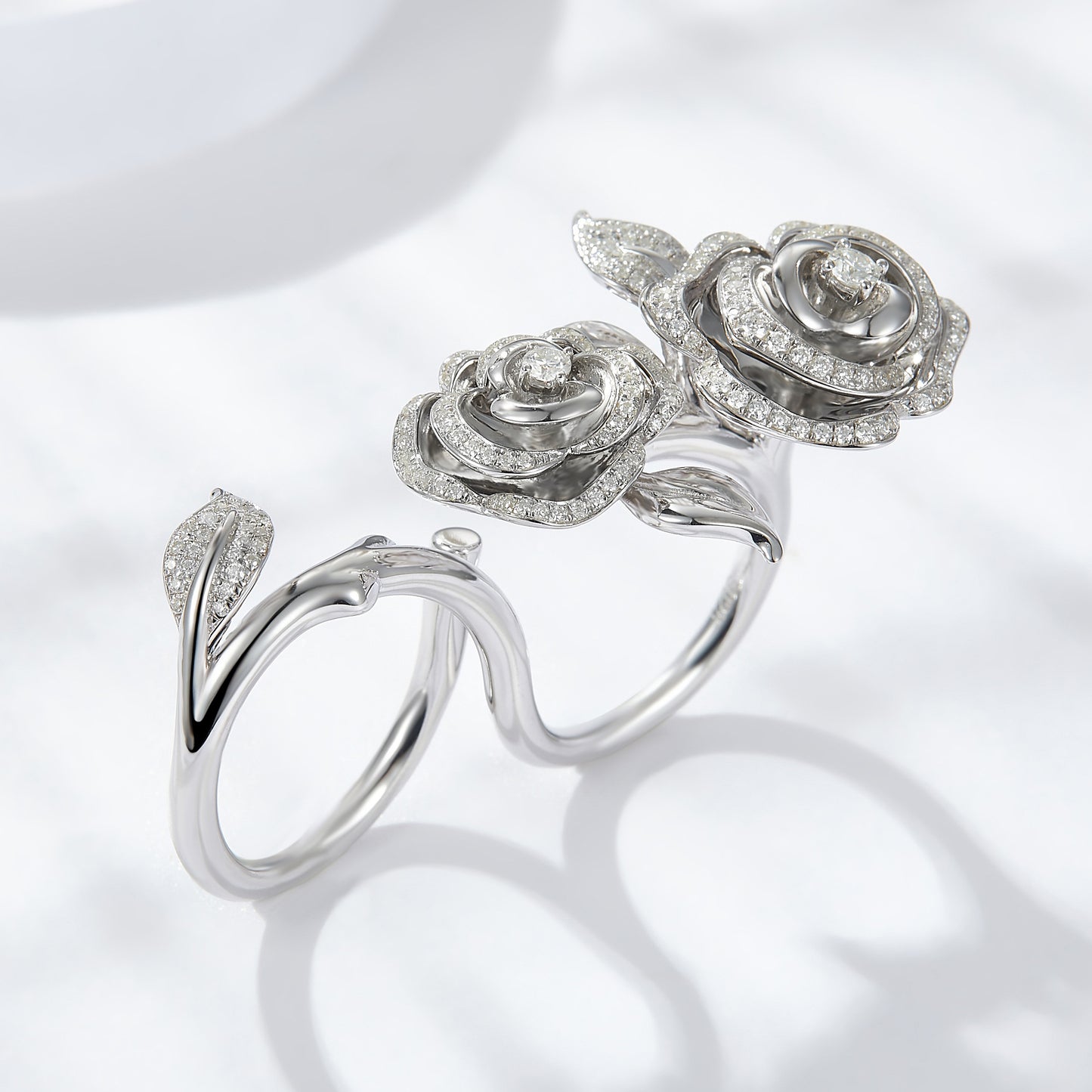 New Designs Vintage Camellia Two Finger Ring All Moissanite 925 Silver Gold Plated Open Ring