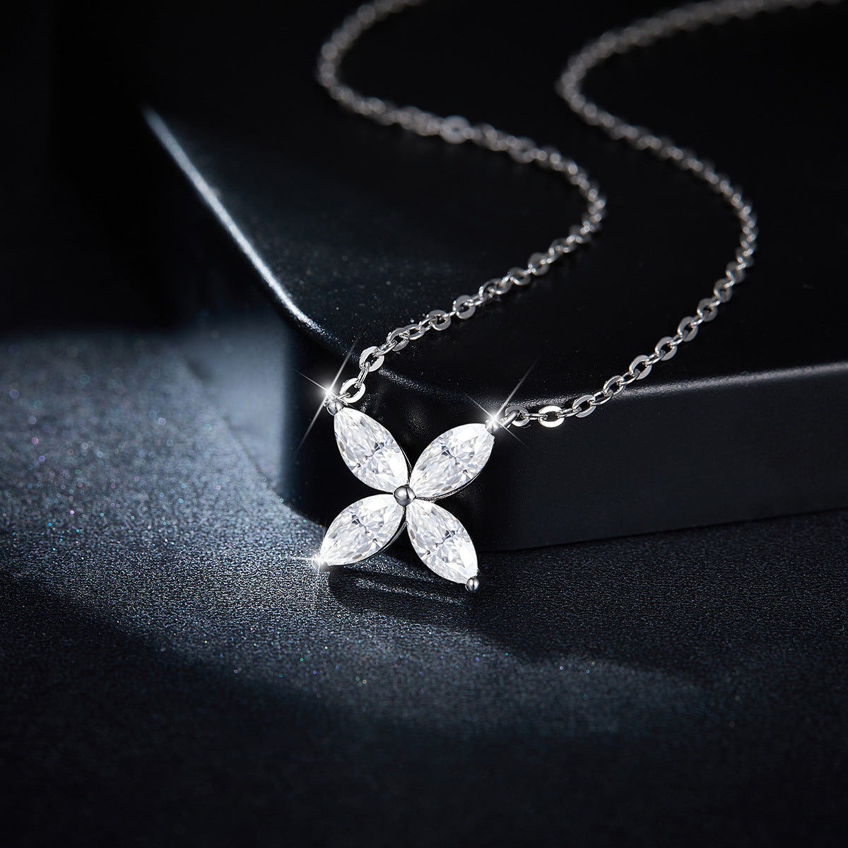 Four-leaf clover marquise 3*6mm moissanite stud earrings necklace sterling silver plated 18k gold set