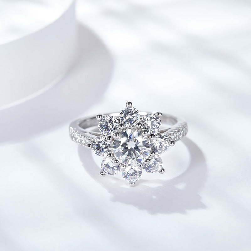 New Classic Sunflower Series Moissanite Silver Plated 18K Gold Second Over Diamond Pen Sunflower Ring