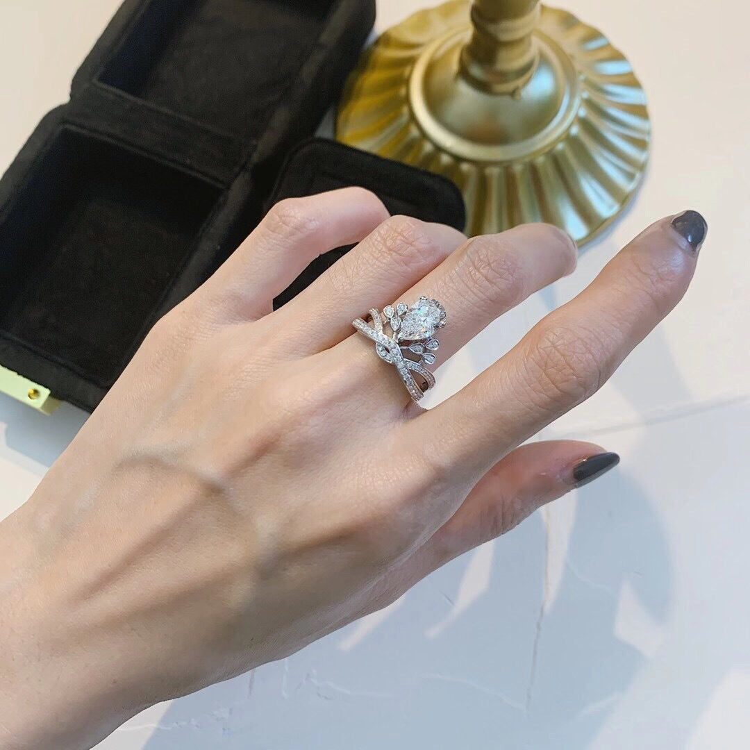 Coronation Egret Feather Drop Pear Moissanite Emerald Red Sapphire Crown Ring