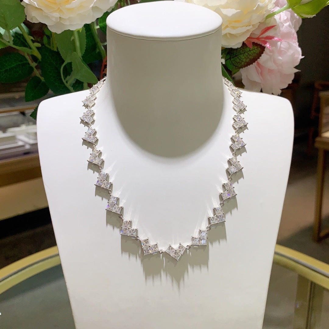 New Set of Chains Full Diamond Princess Square Moissanite Heart Silver Plated 18k Gold Necklace Luxury