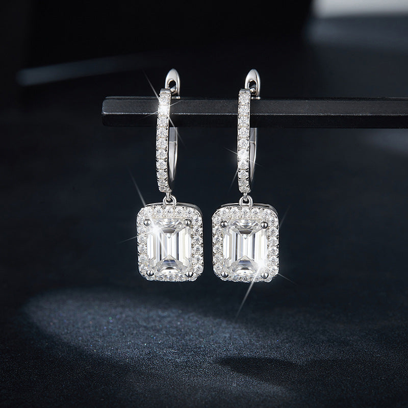 Emerald cut 6*8mm round inlaid square bag earrings S925 sterling silver gold-plated women's full Moissanite earrings