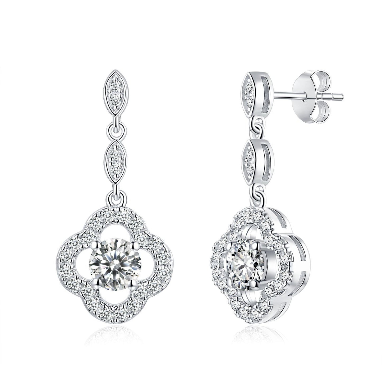 Lucky four-leaf clover with diamond ethnic style floral women's symmetrical sterling silver earrings moissanite diamond earrings