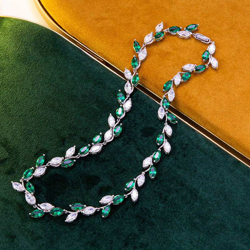 Big Set Chain Horse Eye 4.5*9mm Moissanite Leaves Full Diamond Imitation Emerald 925 Silver Necklace