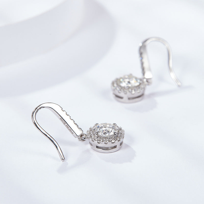 Celebrity temperament style niche design classic round surrounded diamond moissanite earrings ear hooks light luxury gifts