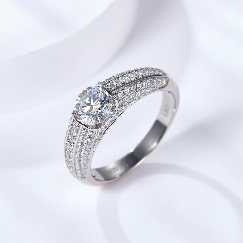 Luxury set full diamond round 2 carat moissanite domineering men's S925 silver plated 18k gold ring