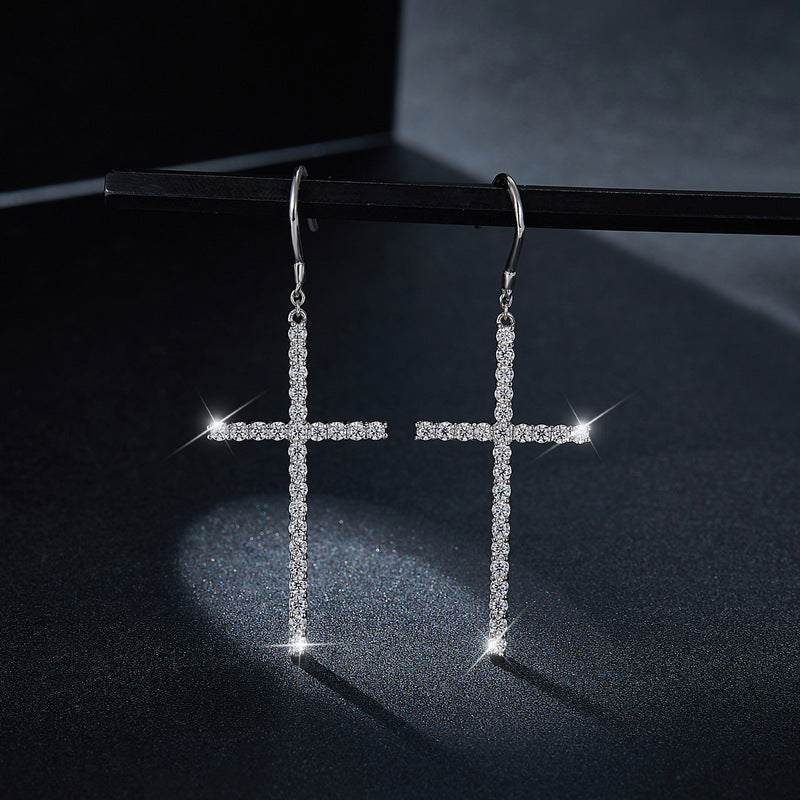 Oversized cross full diamond 1.8mm round moissanite ear hook S925 silver plated 18k gold earrings