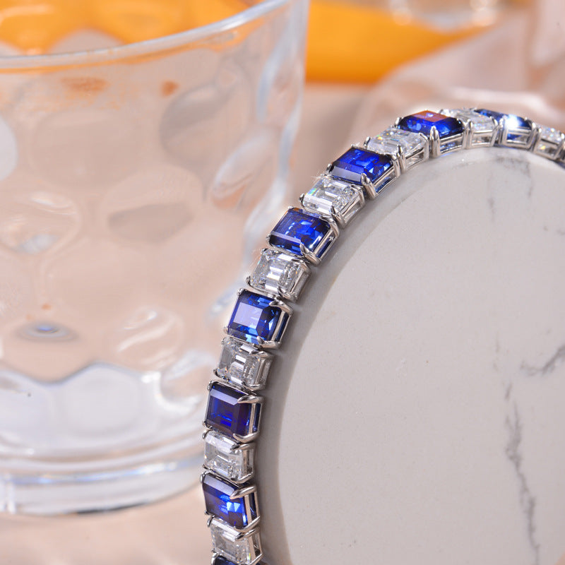 New Luxury Lab-grown Sapphire 7*9mm Emerald Cut Full Diamond Sterling Silver Plated 18k Gold Bracelet