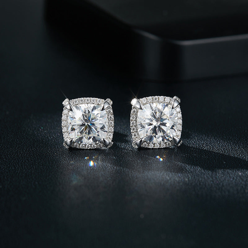 Classic square bag pillow shape 8mm full moissanite stud earrings S925 silver plated 18k gold earrings