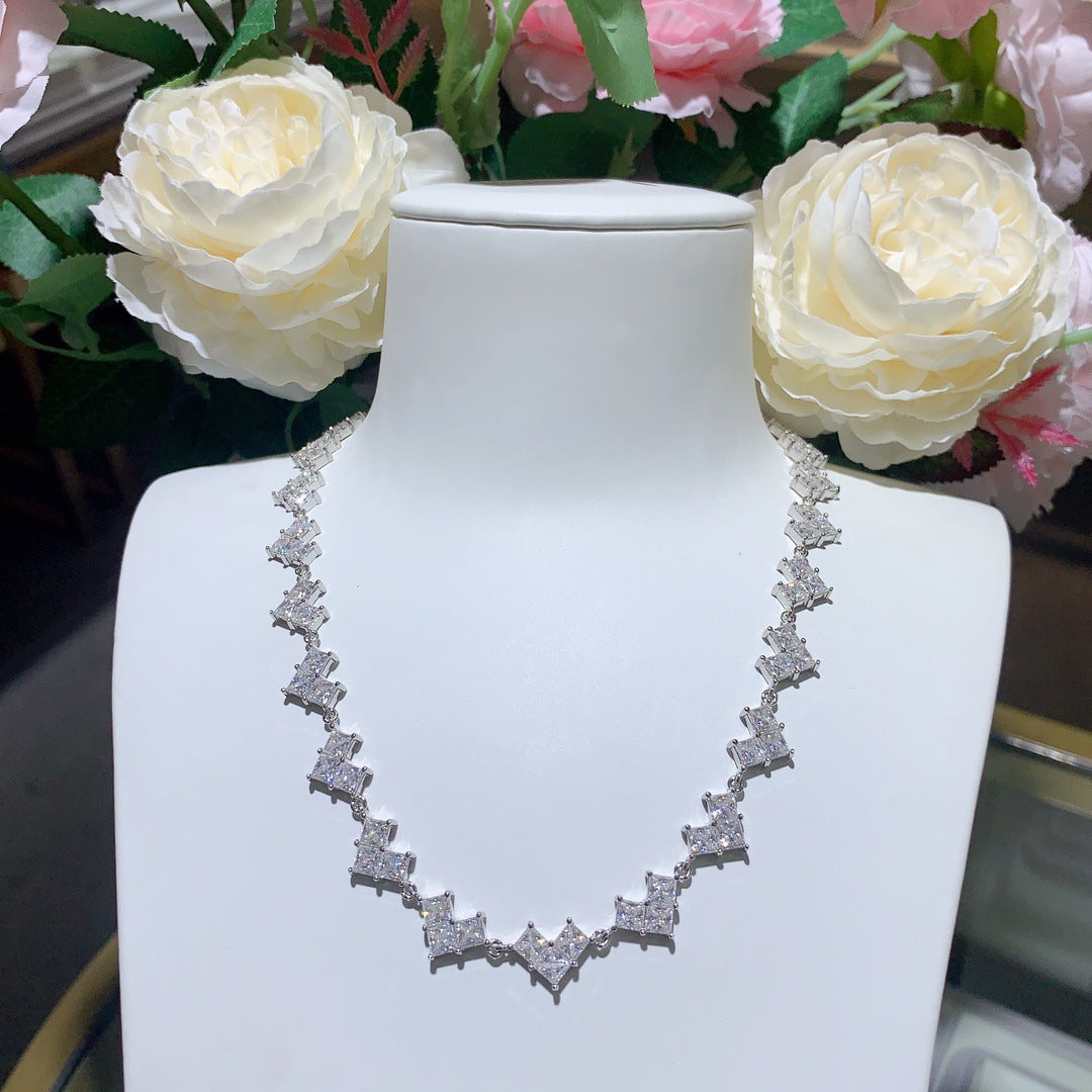 New Set of Chains Full Diamond Princess Square Moissanite Heart Silver Plated 18k Gold Necklace Luxury