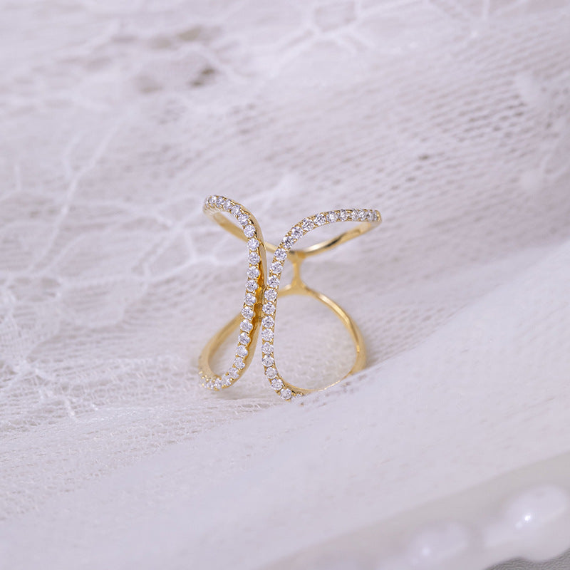 Niche design ins-style double C curve full diamond D color VVS moissanite row ring women's silver plated 18k gold ring