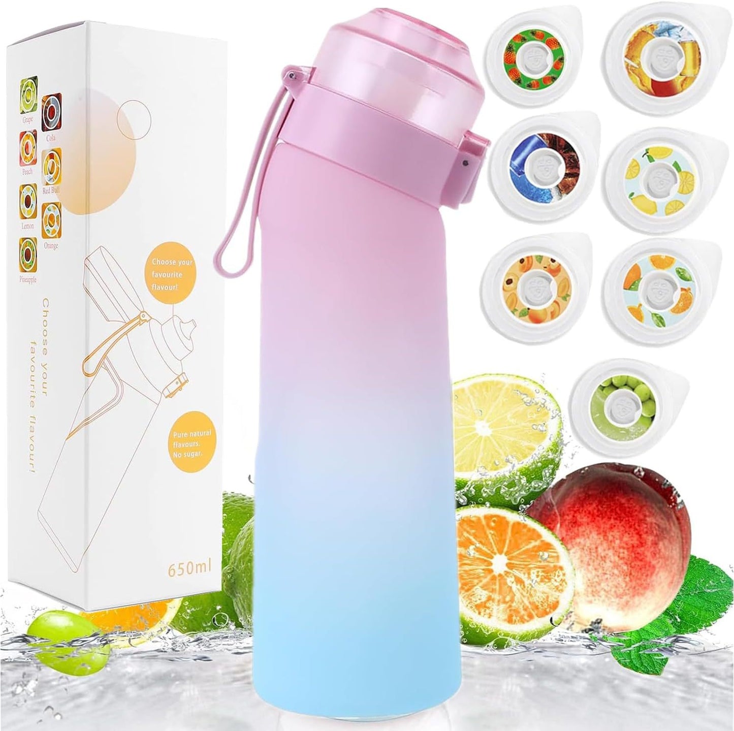 Gradient Color Water Bottle Flavour Pods Pack With 7 Flavour Pods 650ml Fruit Fragrance Scented Water Cup BPA Free 0% Sugar